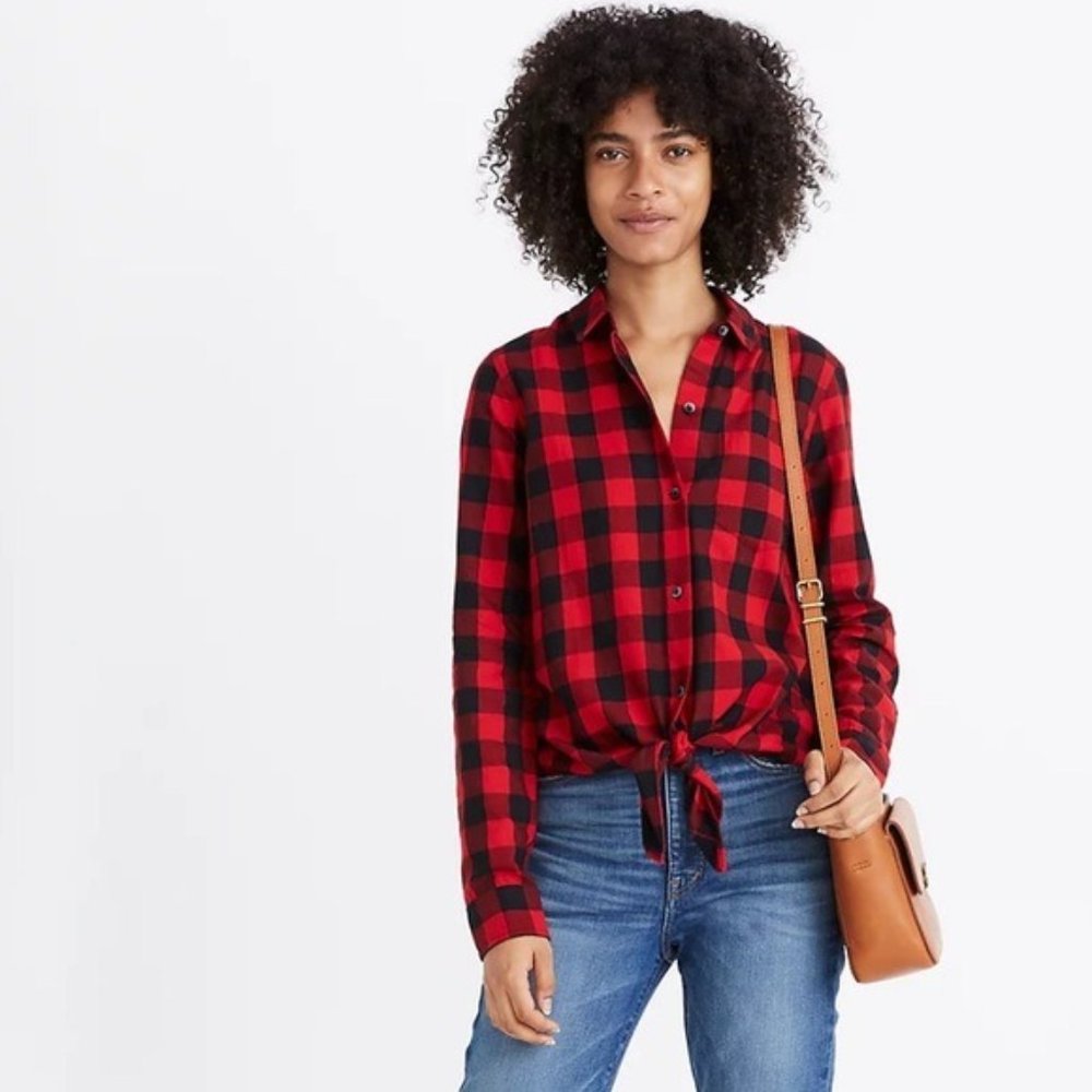 Madewell Flannel Tie-Front Shirt in Buffalo Check